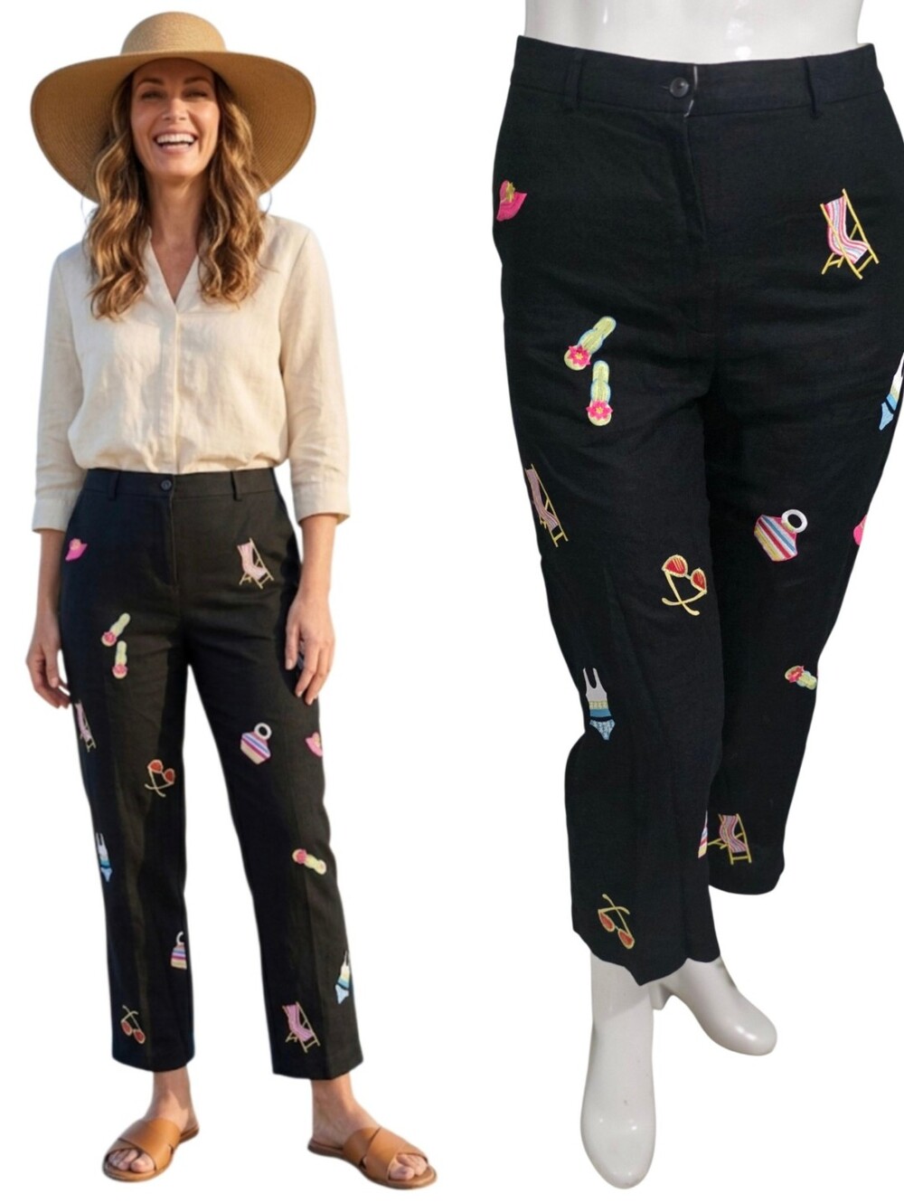 Pure & Simple Womens Black Embroidered Lounge Motif Pants Size 10 100% Linen